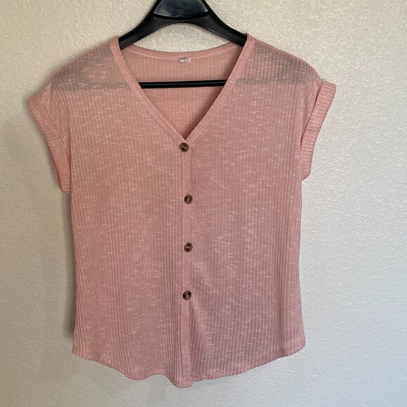 Women's Pink short-sleeved button-down casual blouse- L - Picture 1 of 2